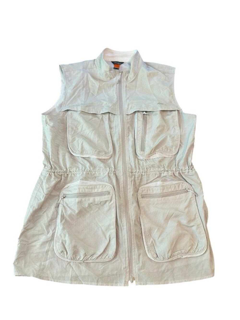 Eddie Bauer Vest Womens XL Cream Travel Safari Utility Fishing Pockets Logo Fish